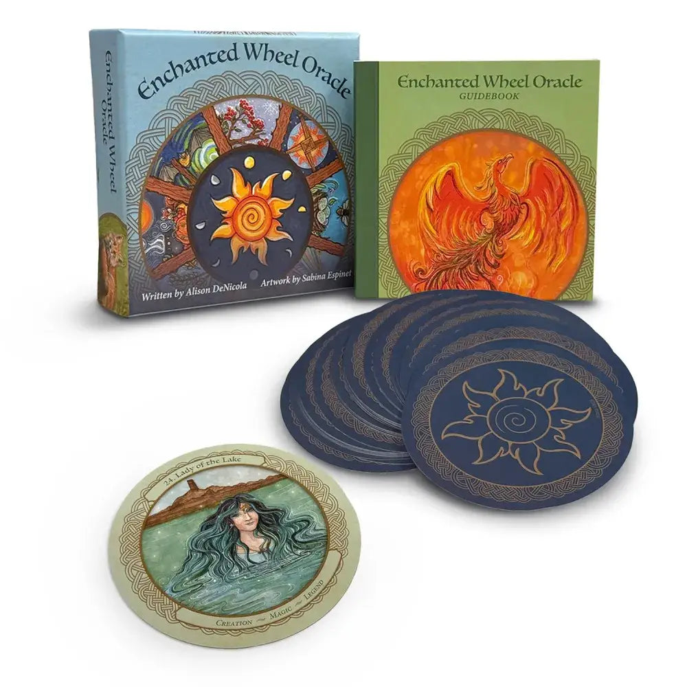 Display of Enchanted Wheel Oracle 45-card deck with colorful illustrated cards for spiritual insight
