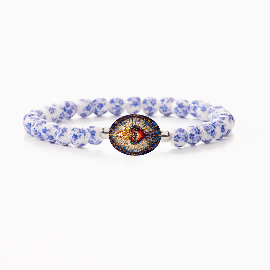 Sacred Heart Holy Water Bracelet - Authentic Lourdes Water, Porcelain Beads