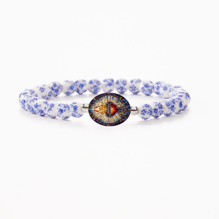 Sacred Heart Holy Water Bracelet - Authentic Lourdes Water, Porcelain Beads