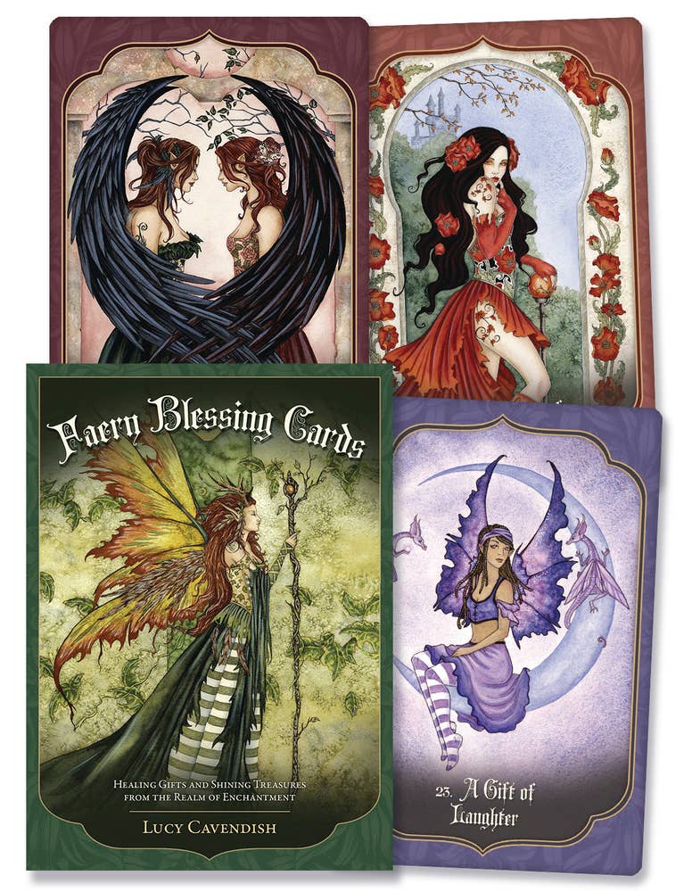 Faery Blessing Oracle 44-card deck and boxed set by Lucy Cavendish with faery illustrations by Amy Brown and 124-page guidebook, published by Blue Angel 2023