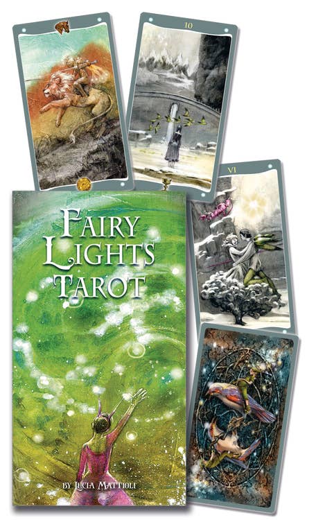 Fairy Lights Tarot Deck by Lucia Mattioli and Lo Scarabeo – tarot card box displayed with several cards fanned out showing luminous fairy artwork