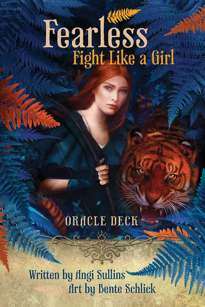 Fearless Fight Like a Girl Oracle deck box with 44 copper gilt-edged cards and 104-page guidebook by Angi Sullins, art by Bente Schlick