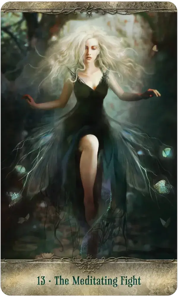 Fearless Fight Like a Girl Oracle Card 13 — The Meditating Fight, featuring a white-haired woman in a flowing dark teal gown walking through a dark enchanted forest surrounded by glowing teal butterflies