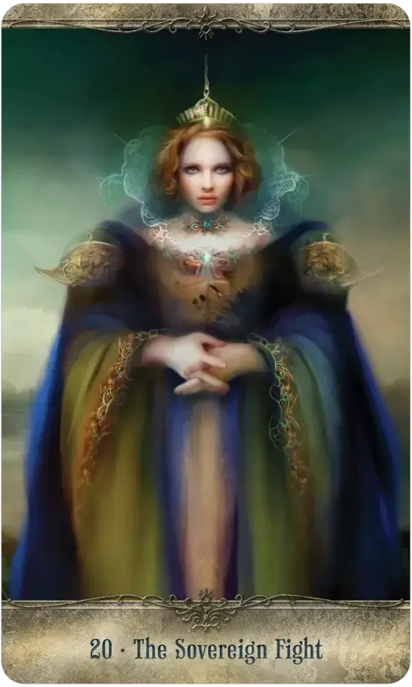 Fearless Fight Like a Girl Oracle Card 20 — The Sovereign Fight, featuring a regal queen in a gold crown and blue and gold cloak standing with hands clasped, ethereal light emanating from her chest
