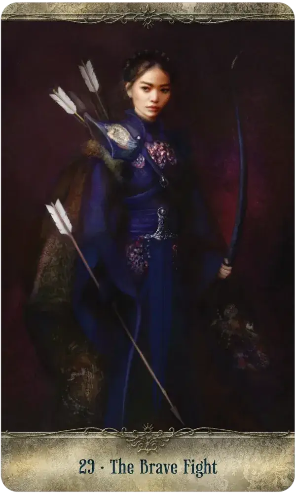 Fearless Fight Like a Girl Oracle Card 29 — The Brave Fight, featuring a determined young woman in ornate blue armor carrying arrows and a bow against a dark background