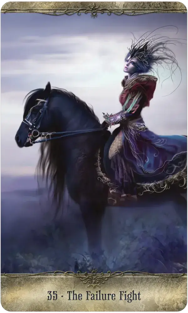 Fearless Fight Like a Girl Oracle Card 35 — The Failure Fight, featuring a woman in a purple gown and feathered headdress riding a black horse through a misty twilight landscape