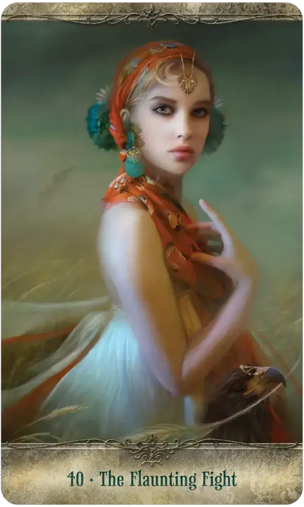 Fearless Fight Like a Girl Oracle Card 40 — The Flaunting Fight, featuring a luminous woman in a red headscarf and orange wrap gazing over her shoulder with quiet confidence against a teal background