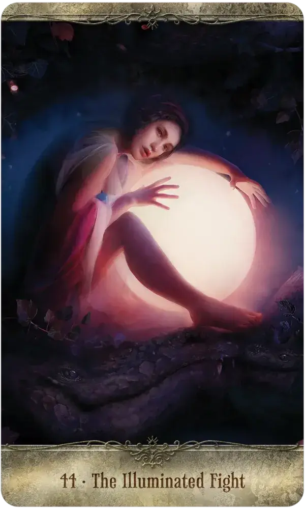 Fearless Fight Like a Girl Oracle Card 44 — The Illuminated Fight, featuring a woman in a white dress curled around a large glowing orb in a dark forest at night