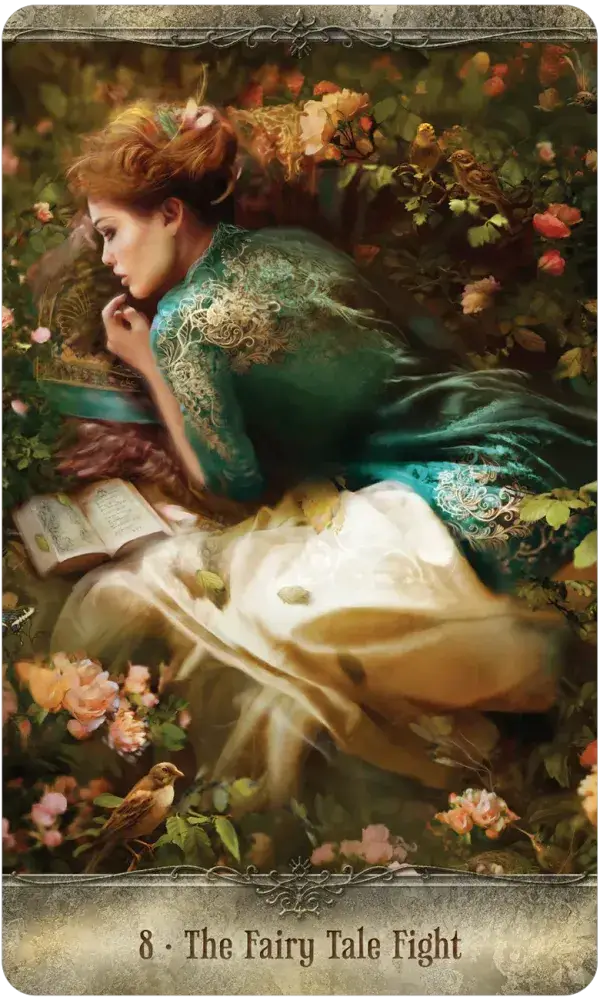 Fearless Fight Like a Girl Oracle Card 8 — The Fairy Tale Fight, featuring a red-haired woman in a teal embroidered gown lying in a garden of roses with an open book and a small bird beside her