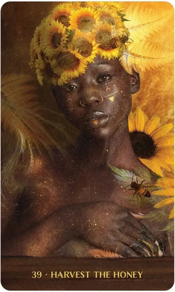 Detailed view of Wild Woman Rising oracle card artwork celebrating feminine power and wild nature. Harvest the Honey card with sunflowers and bees