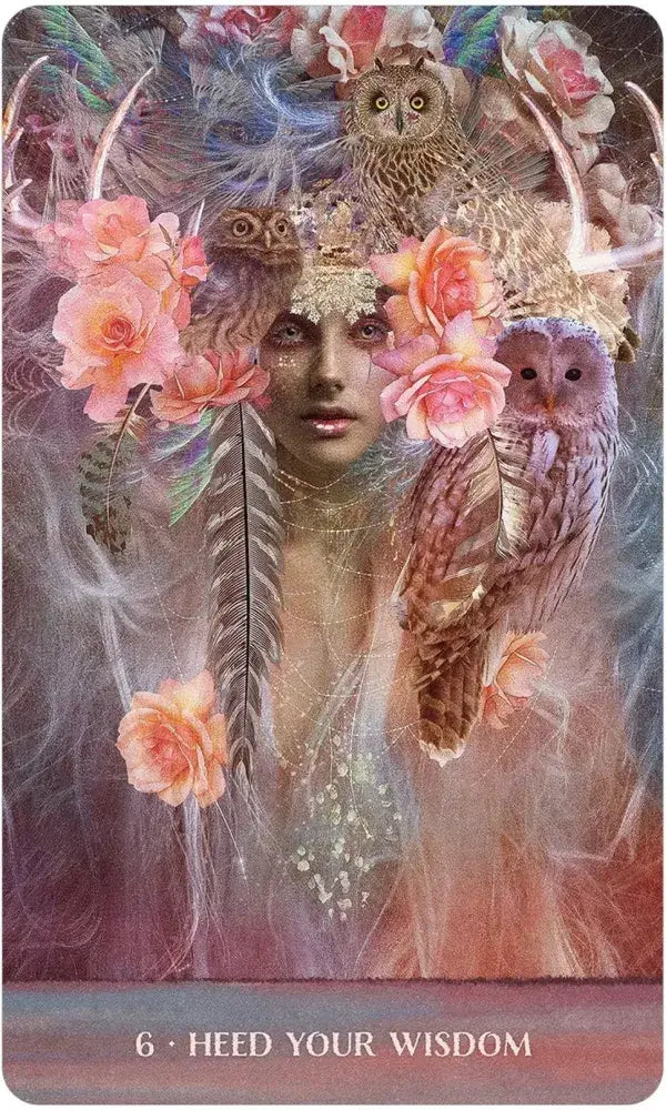 Detailed view of Wild Woman Rising oracle card artwork celebrating feminine power and wild nature. Heed Your Wisdom card with owl and pink roses.
