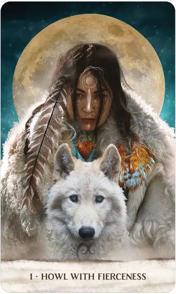 Detailed view of Wild Woman Rising oracle card artwork celebrating feminine power and wild nature. Native American woman with white wolf.