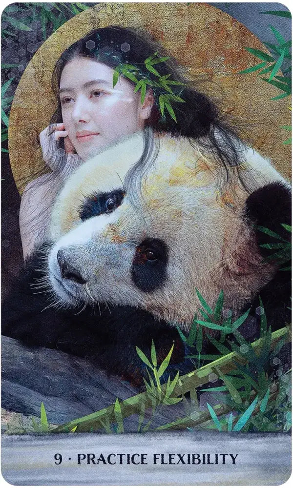 Detailed view of Wild Woman Rising oracle card artwork celebrating feminine power and wild nature. Practice Flexibility card with panda bear.