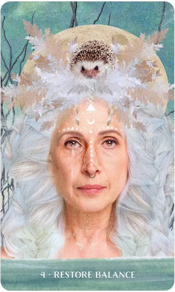 Detailed view of Wild Woman Rising oracle card artwork celebrating feminine power and wild nature. White haired woman with hedgehog.
