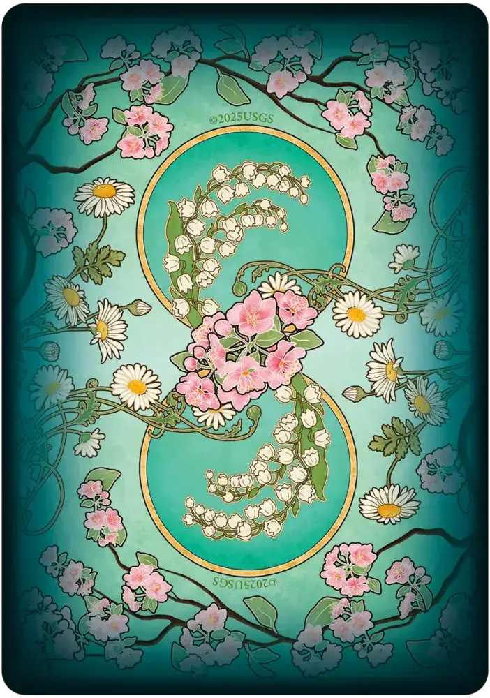 Flower Folklore Oracle card back — teal Art Nouveau design with lily of the valley, cherry blossoms, and daisies in an infinity swirl pattern with gold border