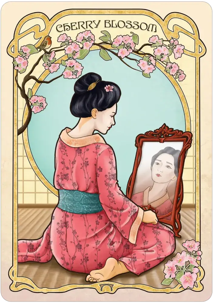 Flower Folklore Oracle — Cherry Blossom card featuring a Japanese woman in a pink floral kimono seated before a mirror beneath a cherry blossom branch with a robin, Art Nouveau gold border