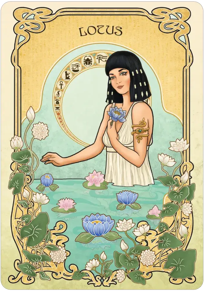 Flower Folklore Oracle — Lotus card featuring an Egyptian goddess with kohl eyes and gold serpent armband standing in a lotus pond with hieroglyph moon symbols, Art Nouveau gold border