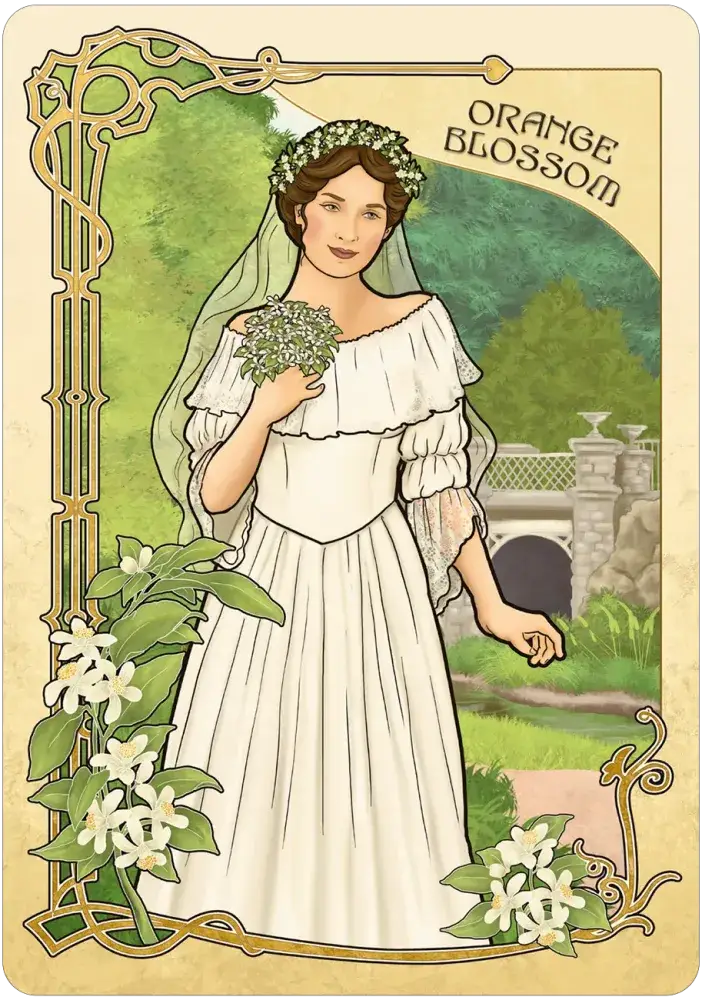 Flower Folklore Oracle — Orange Blossom card featuring a bride in a white gown and floral crown holding orange blossoms in a garden with a stone bridge, Art Nouveau gold border