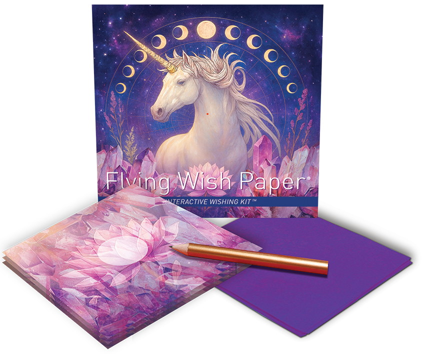 Flying Wish Paper® Aurora kit contents: 15 intention sheets, 5 platforms, gold pencil