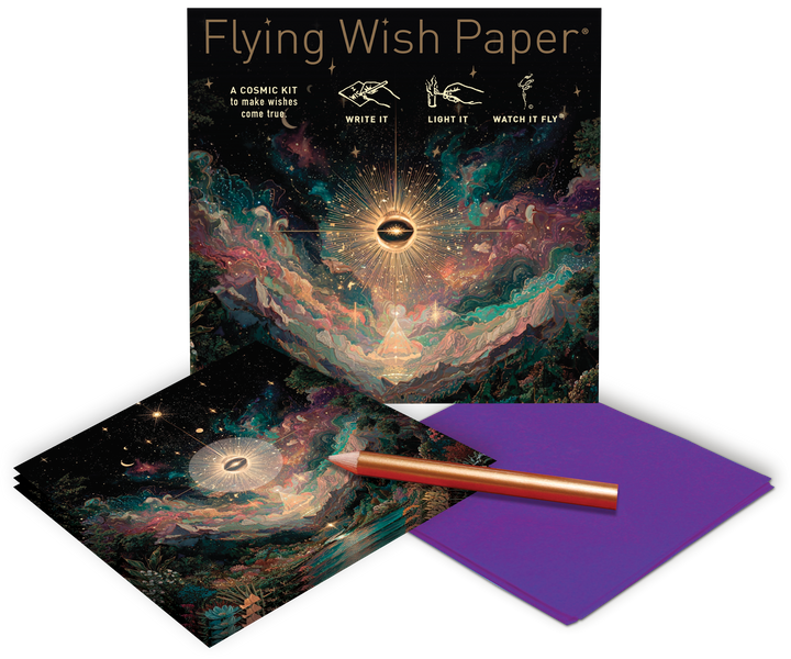 Flying Wish Paper® Celestial kit contents: 15 intention sheets, 5 platforms, gold pencil