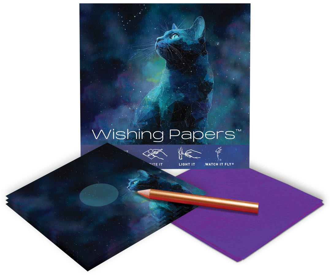 Flying Wish Paper® Cosmic Cat kit contents: 15 intention sheets, 5 platforms, gold pencil