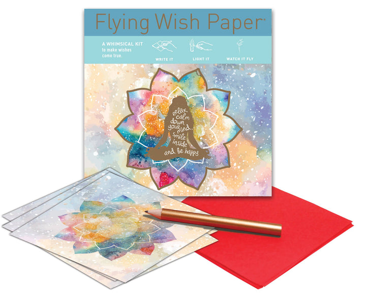 Flying Wish Paper® Mindful kit contents: 15 intention sheets, 5 platforms, gold pencil