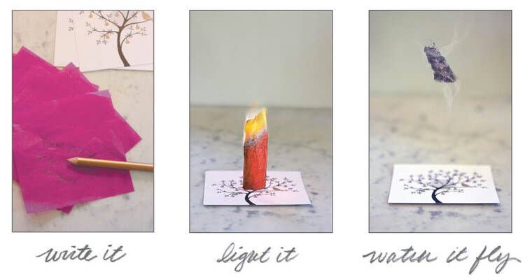 Flying Wish Paper® Mindful intention paper rising into the air after being lit
