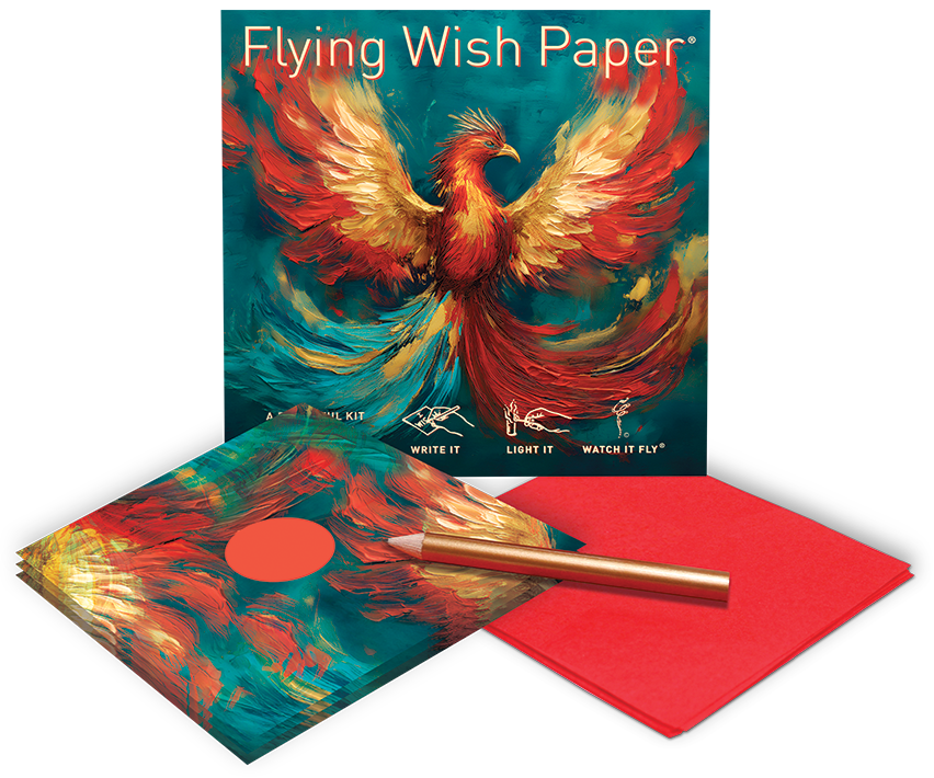 Flying Wish Paper® Phoenix kit contents: 15 intention sheets, 5 platforms, gold pencil
