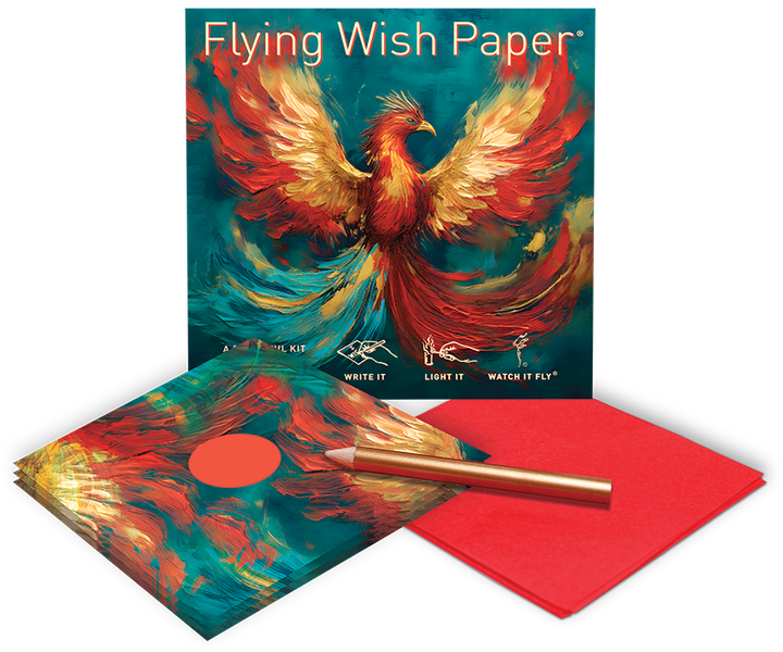 Flying Wish Paper® Phoenix kit contents: 15 intention sheets, 5 platforms, gold pencil