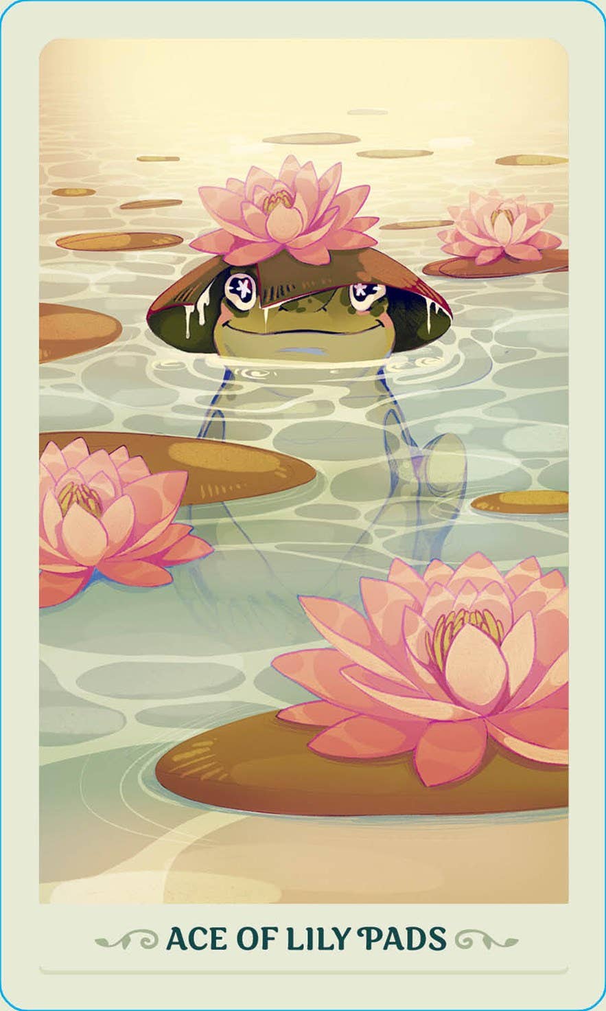 Fortunate Frogs Tarot – Lily Pads suit Ace card, whimsical frog illustration