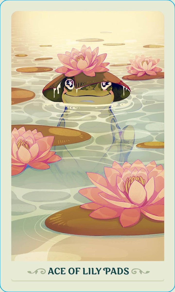 Fortunate Frogs Tarot – Lily Pads suit Ace card, whimsical frog illustration