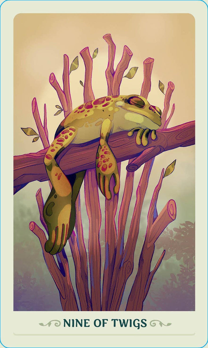 Fortunate Frogs Tarot – Twigs suit card from the 78-card frog tarot deck