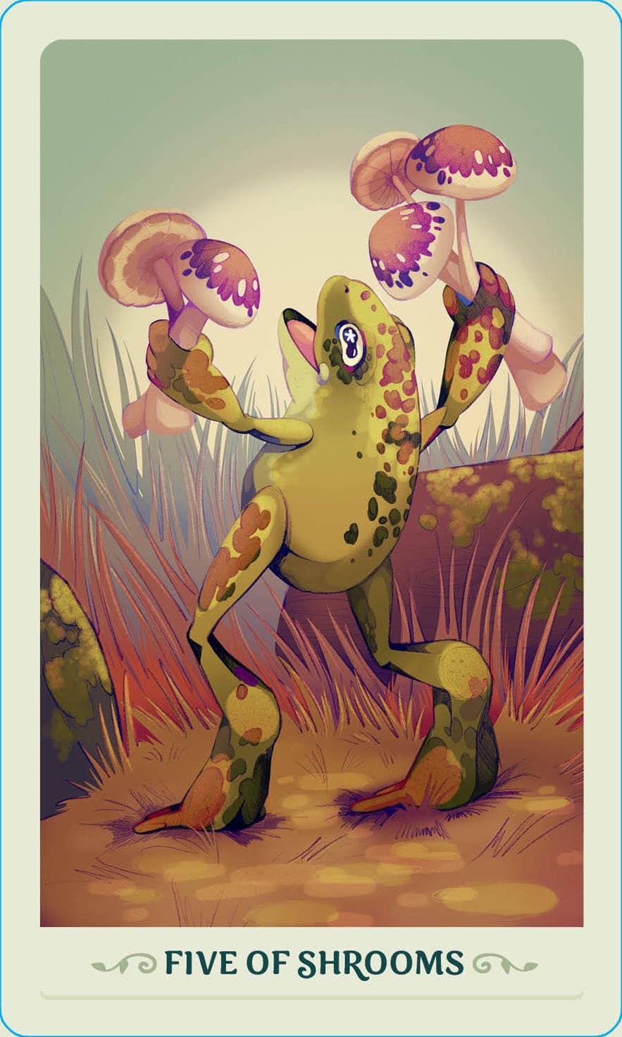 Fortunate Frogs Tarot – Shrooms suit card, nature-themed Rider-Waite tarot deck