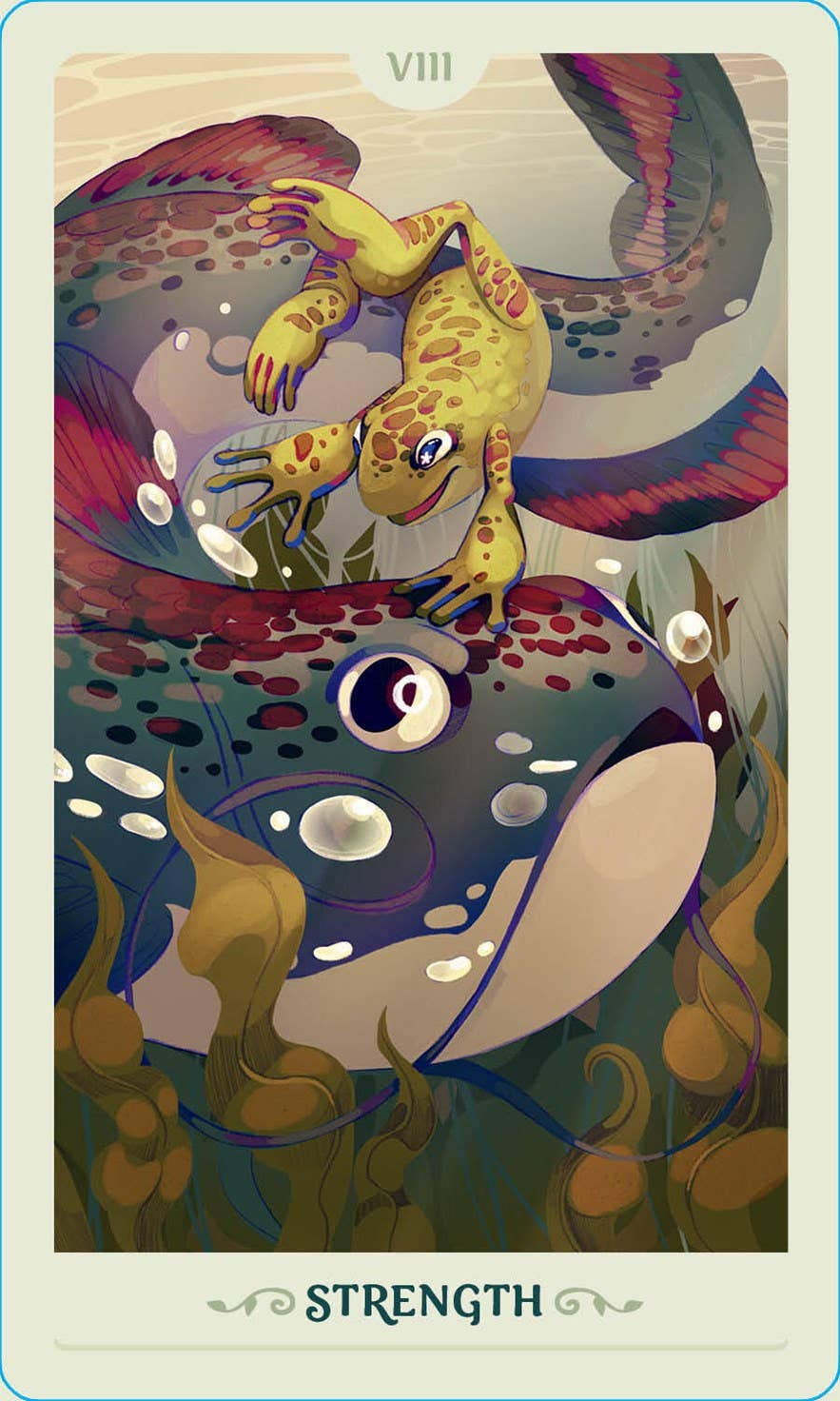 Fortunate Frogs Tarot – The Fool card featuring a frog with a larger fish underwater
