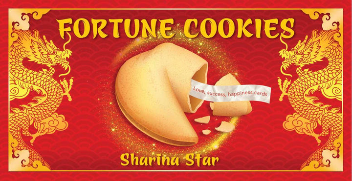 Fortune Cookies Oracle card deck box by Sharina Star — Love, Success, Happiness cards with gold dragons on red background