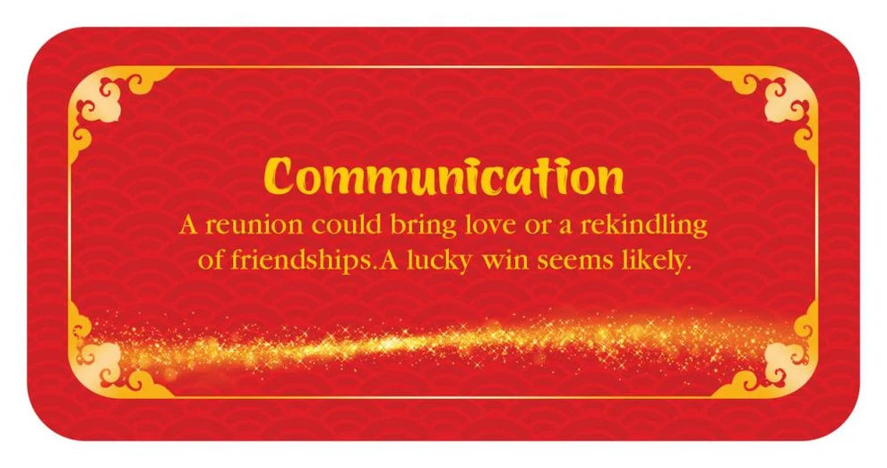 Fortune Cookies Oracle sample card — Communication: "A reunion could bring love or a rekindling of friendships. A lucky win seems likely."