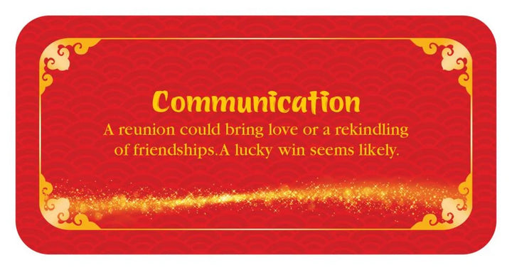 Fortune Cookies Oracle sample card — Communication: "A reunion could bring love or a rekindling of friendships. A lucky win seems likely."
