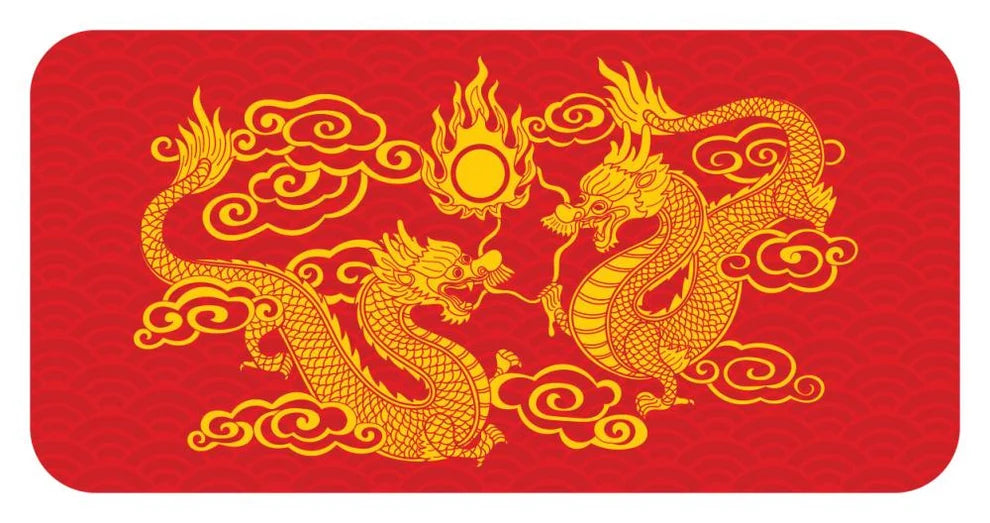 Fortune Cookies Oracle card back design — two gold dragons with flaming sun on red background