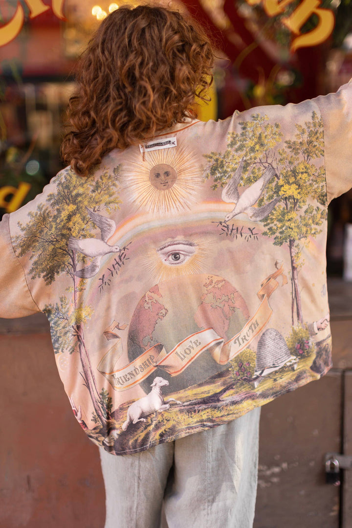 Friendship Love and Truth Vintage Wash Pixie Duster kimono by Market of Stars in lavender sage gold and aqua
