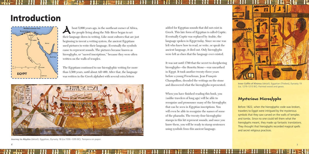 Interior pages of Fun with Hieroglyphs book showing the Introduction chapter with ancient Egyptian history, the Rosetta Stone, and colorful tomb paintings