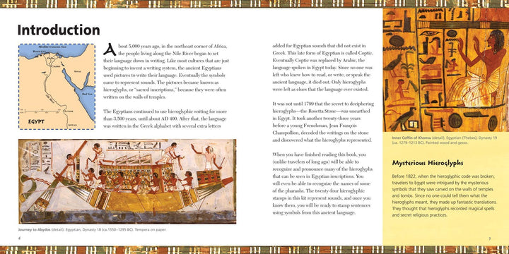 Interior pages of Fun with Hieroglyphs book showing the Introduction chapter with ancient Egyptian history, the Rosetta Stone, and colorful tomb paintings