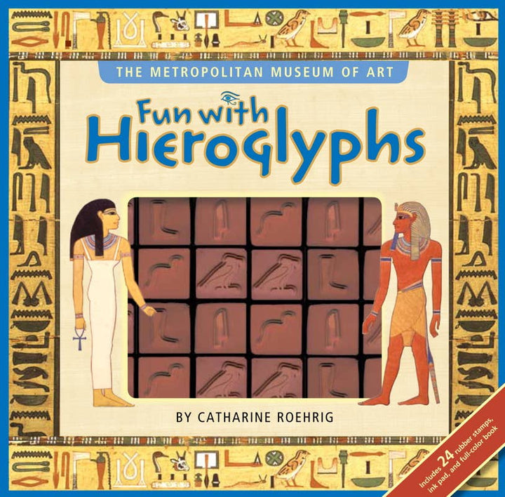 Fun with Hieroglyphs rubber stamp and book set box by Catharine Roehrig for The Metropolitan Museum of Art, showing 24 hieroglyphic stamps through a window display