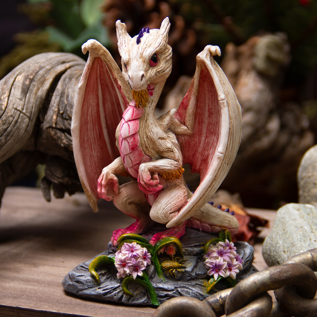 Garlic Dragon fantasy figurine in three-quarter view styled on a table in a home décor setting