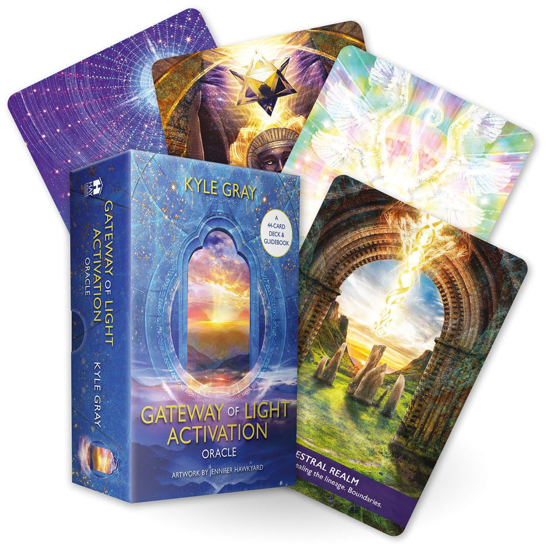 Gateway of Light Activation Oracle by Kyle Gray — box with cards fanned out, 44-card angel oracle deck by Jennifer Hawkyard