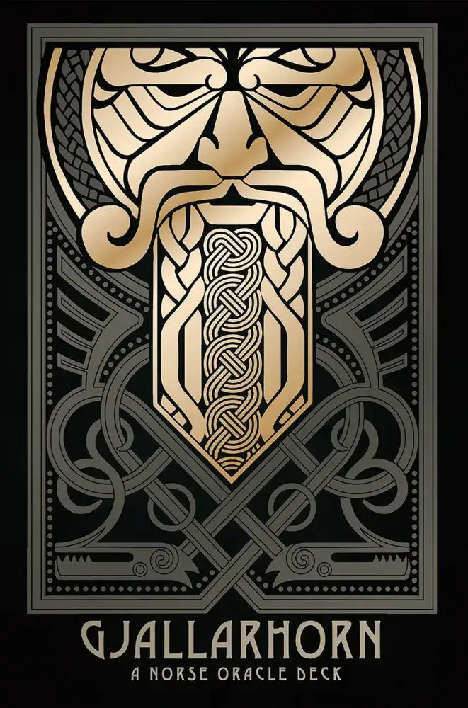 Gjallarhorn: A Norse Oracle Deck cover, featuring a stylized gold face with an interwoven beard and Norse-inspired knotwork.