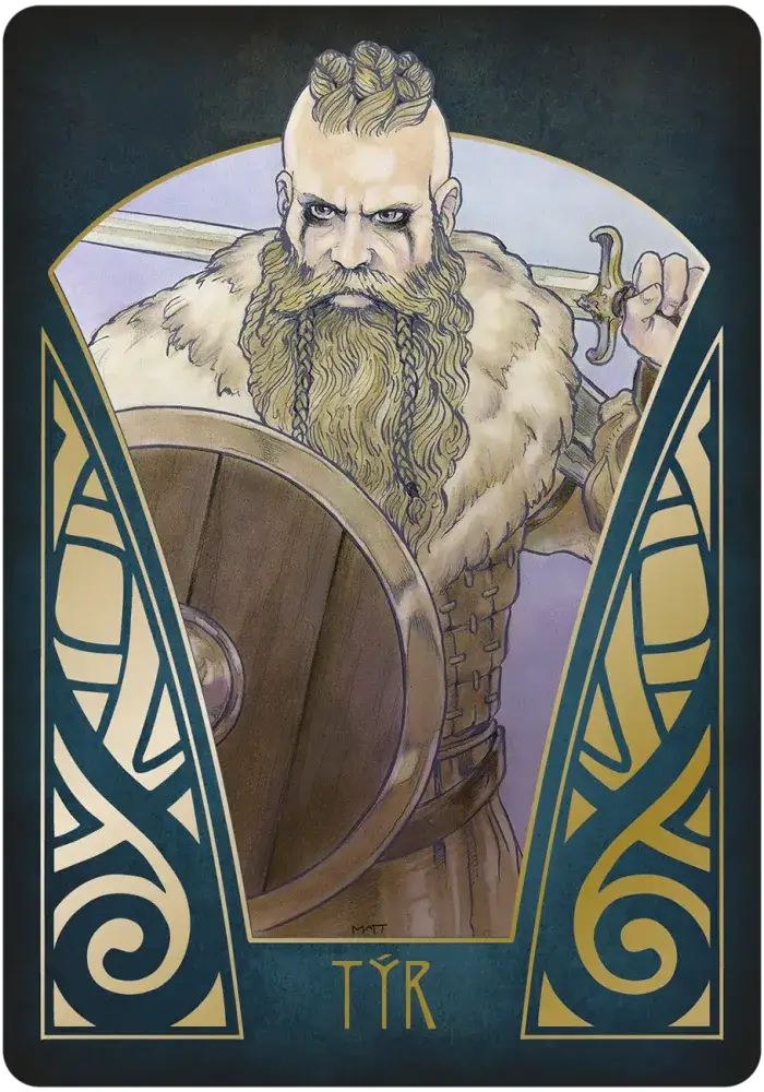 Tyr card from Gjallarhorn Norse Oracle, depicting a bearded warrior holding a round shield and sword within a gold-patterned border.