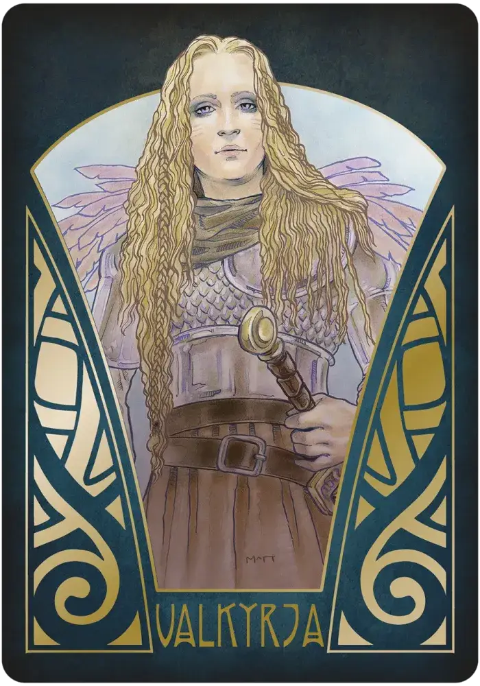 Valkyrja card from Gjallarhorn Norse Oracle, showing a long-haired armored figure holding a sword, framed by gold knotwork.