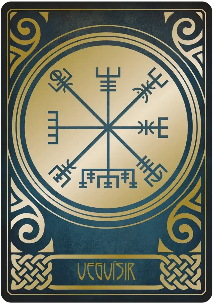 Vegvisir card from Gjallarhorn Norse Oracle, featuring an eight-armed stave symbol inside a gold circle with decorative knotwork.