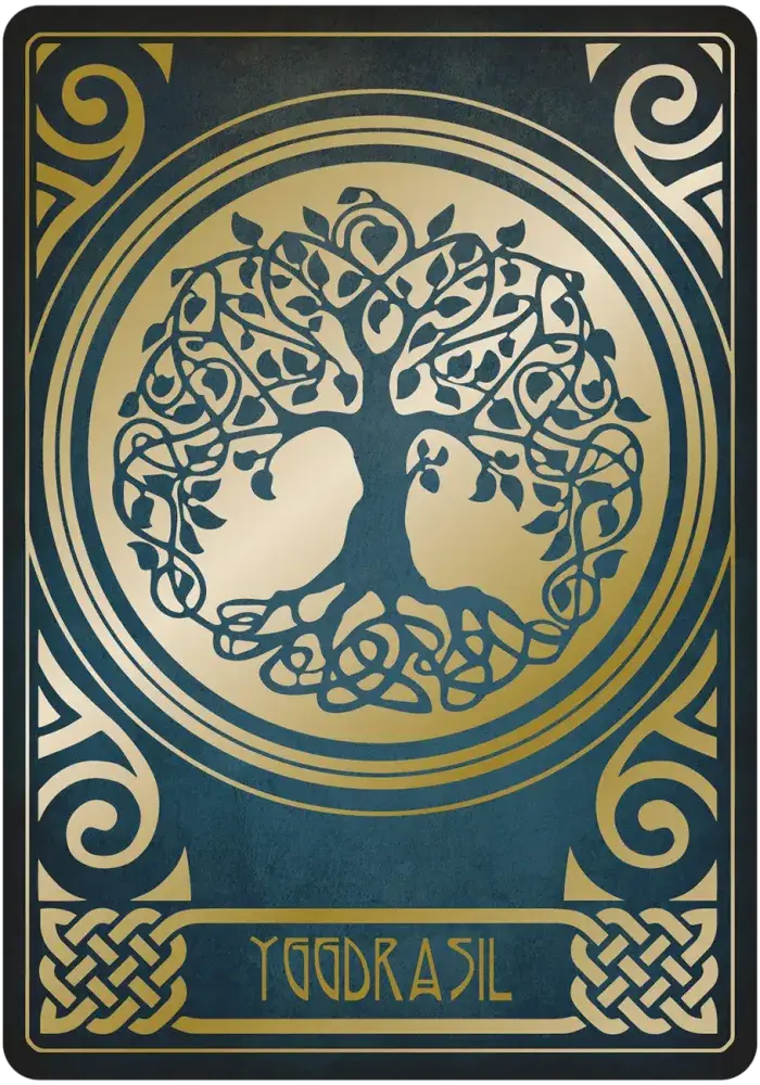 Yggdrasil card from Gjallarhorn Norse Oracle, showing an intricately branching tree with intertwined roots inside a gold circle.