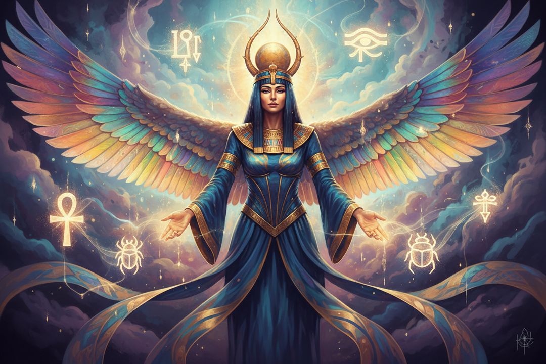 Goddess Isis with wings and sacred Egyptian symbols for energy healing and spiritual renewal